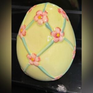 Yellow Ceramic Egg with Pink Flowers and Teal Accents
